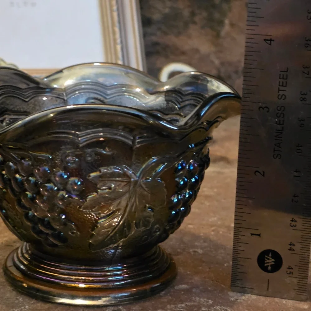 Imperial Carnival Glass Amethyst Grape and Cable Ruffled pedestal stippled bowl